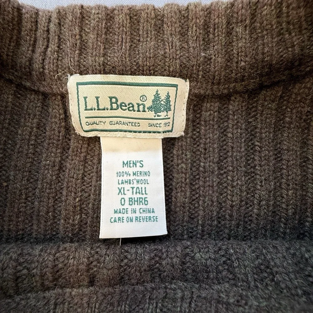LL Bean Mens XL T Commando Brown Sweater Merino‎ Lambs Wool Elbow Patches